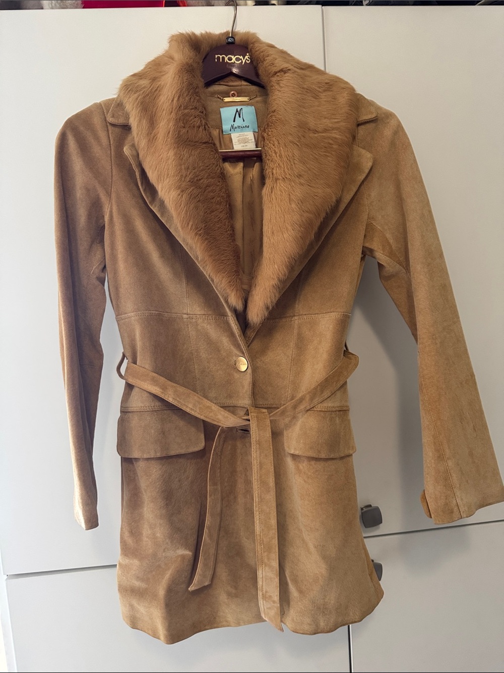 Marciano Tan Suede Belted Trench Coat with Faux Fur Collar